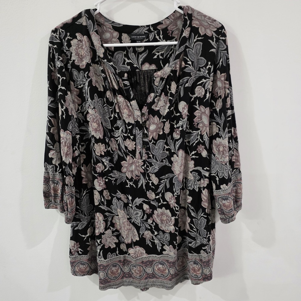Lucky Brand Womens Floral Top Size 1X Popover Bohemian Fairy